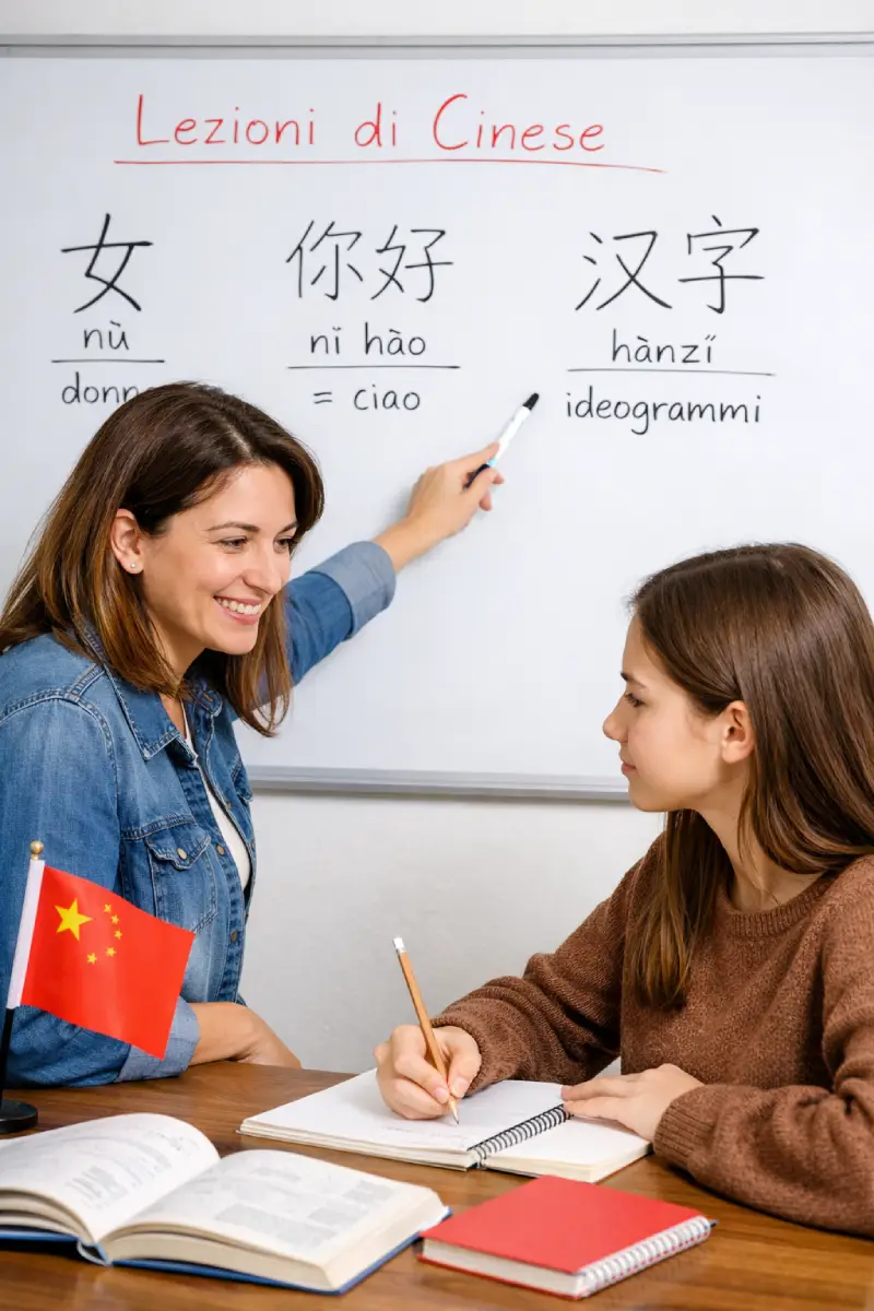 studentessa che studia cinese con ideogrammi
